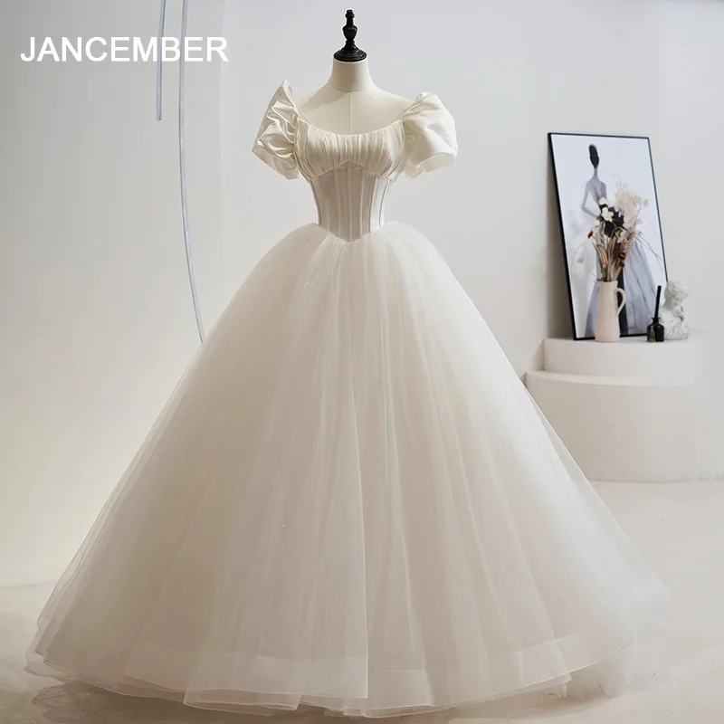 Jancember Wedding Gowns With Lace Up Princess Ball Gown Square Collar Short Sleeve Bride Dress Dresses vestido de novia QW01226