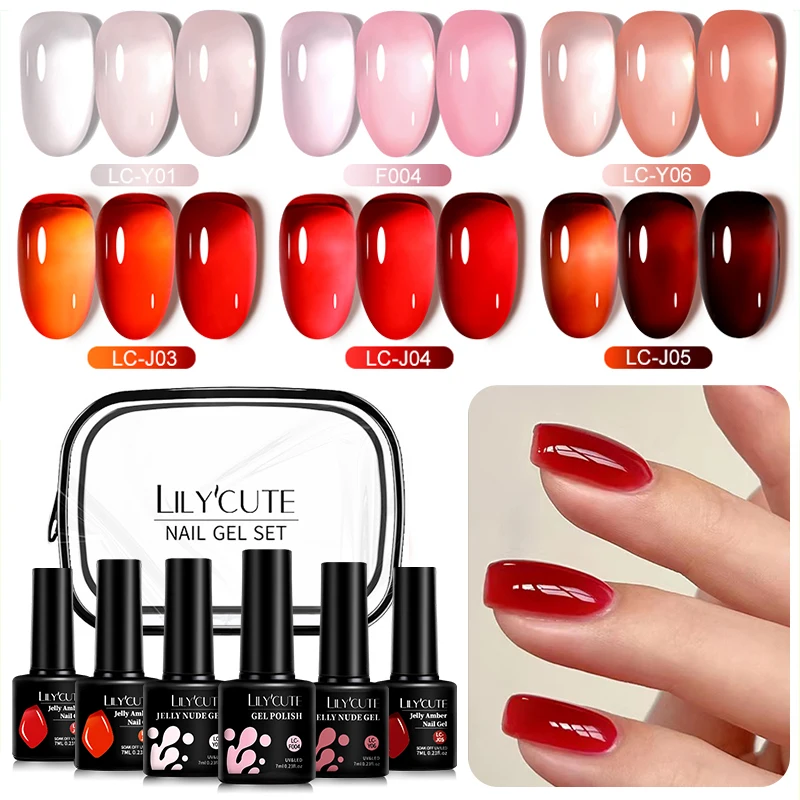 LILYCUTE Jelly Gel Unha Polonês Conjunto Cristal Translúcido Neon Rosa Nu Jade Gel Nail Art Semi Permanente UV Gel Polonês Kit de Verniz