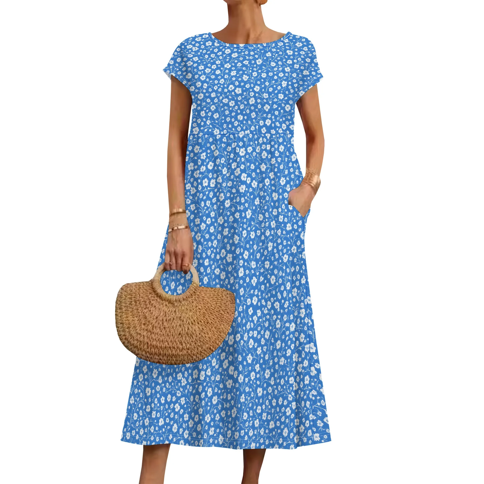 

Women's 2025 Short Sleeve Round Neck Casual Summer Flowy Maxi Spring Dresses with Pockets