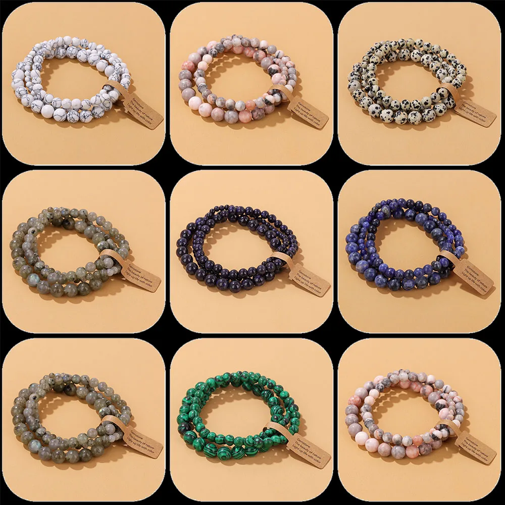 Wholesale 4 6 8mm Natural Stone Round Beads Bracelets Labradorite Howlite Pink Zebra Stone Bracelet for Women Men Bangle Gifts