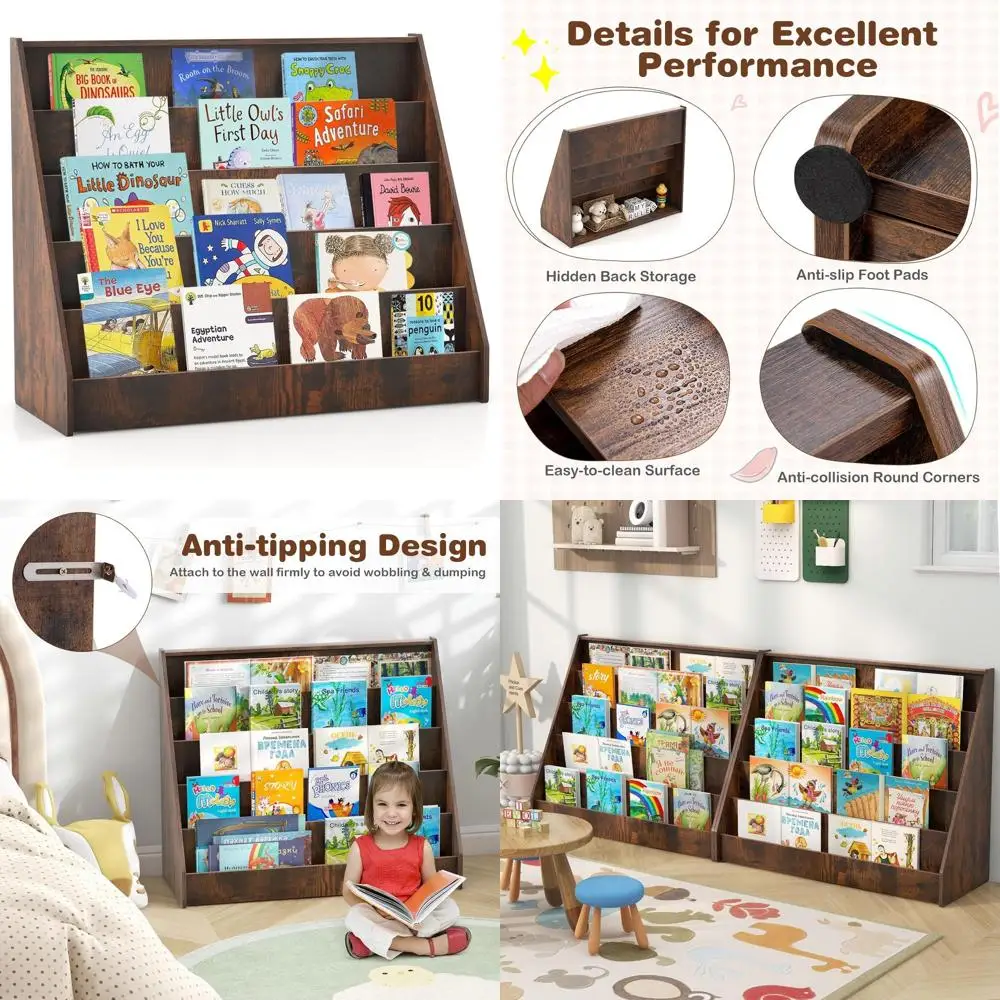 

5-ярусная деревянная детская книжная полка, стеллаж для книг для малышей, органайзер для журналов и игрушек для игровой комнаты, детской и класса, цвет ржавый