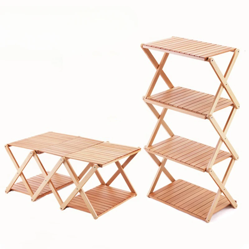 Outdoor installation-free multi-layer storage storage folding rack picnic portable solid wood storage table