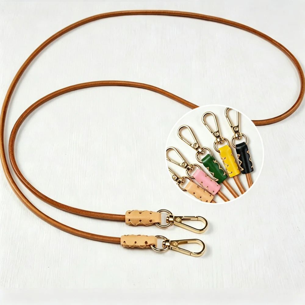 4mm Diameter Thick Cowhide Round Cord Bag Handle, Hand Stitched Leather Crossbody Replacement Strap with Double Hooks for Bag