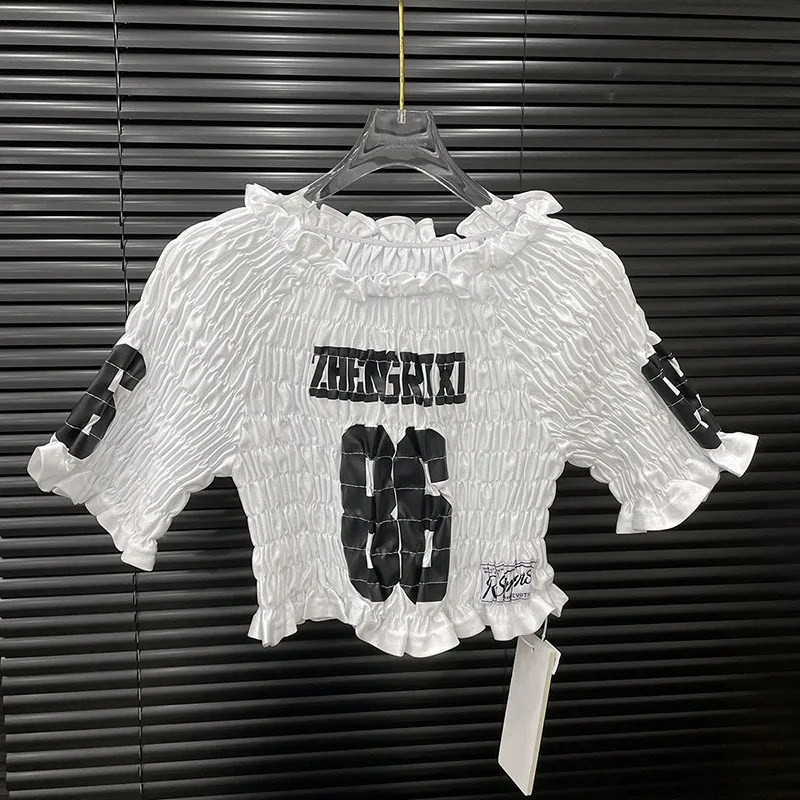 DEAT أزياء المرأة مطوي تي شيرت مطاطي الإناث المتخصصة تصميم إلكتروني طباعة التباين اللون قصيرة الأكمام أعلى الإناث 11A05035