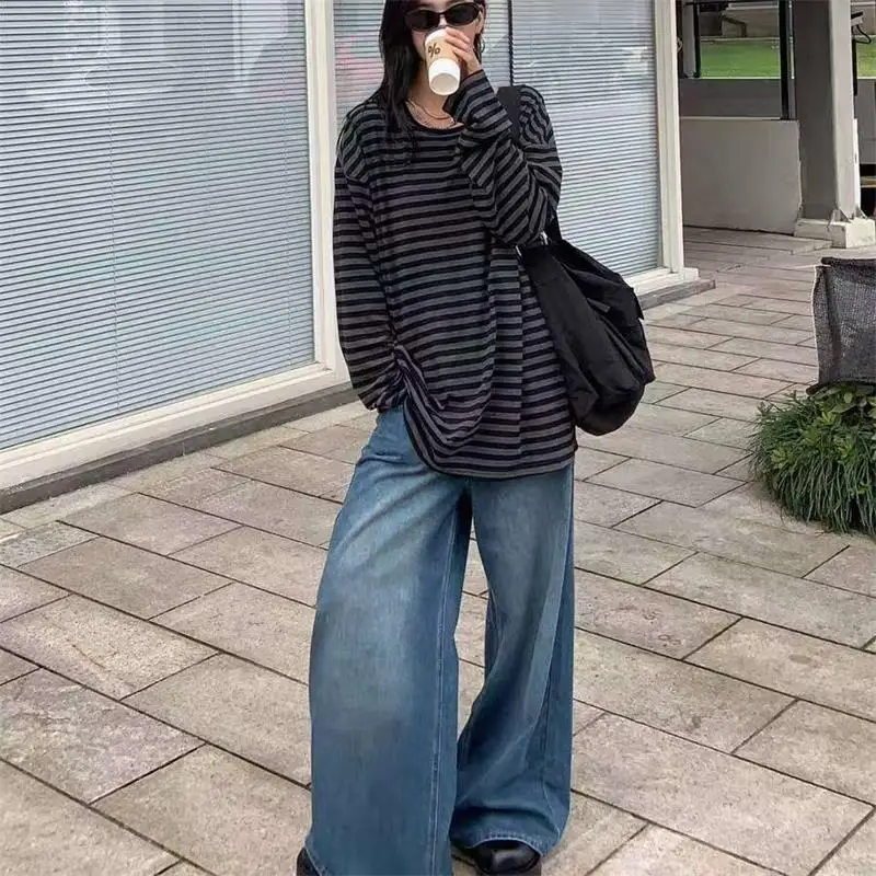 Herbst Frauen Harajuku Gestreiften T-shirt Lange Hülse O-ansatz Casual Oversize Top Femme Streetwear Schwarz Grau Lose Straße Tops Y2K – Detail 20