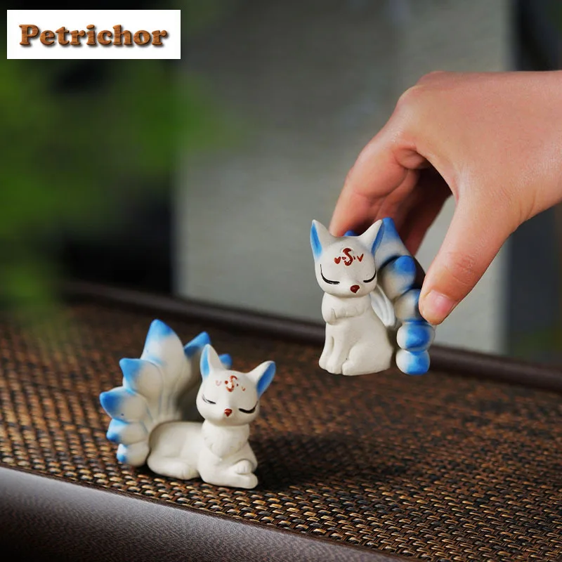 Yixing Purple Clay Nine-tailed Fox Tea Pet Retro Lucky Model Tea Figurine Play Toys Tea Statue Ornaments Supplies Workmanship