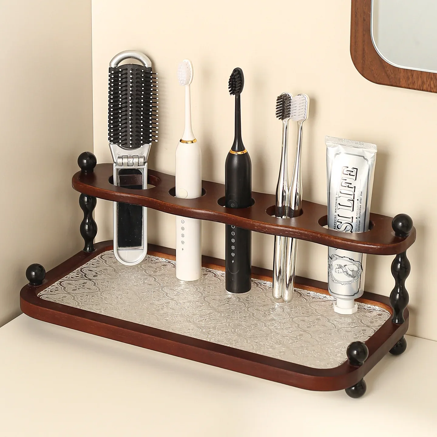 HYS retro style premium sense walnut toothbrush holder hotel bathroom wash cup toothbrush storage rack set