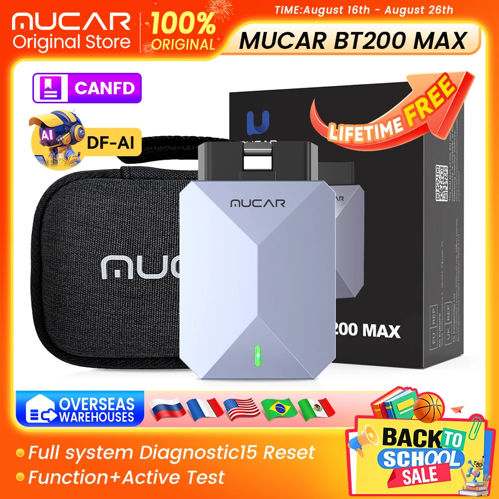 MUCAR BT200 MAX AI Auto Car Full System Diagnostic Scanner Tool with 15 Reset Function Bi-Directional CANFD Lifetime Free Update