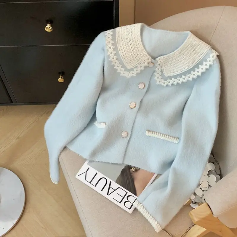 

Gagaok Elegant Lace Doll Collar Sweater Jacket Women Autumn Winter New French Style Imitation Mink Fur Knitted Cardigan Coat