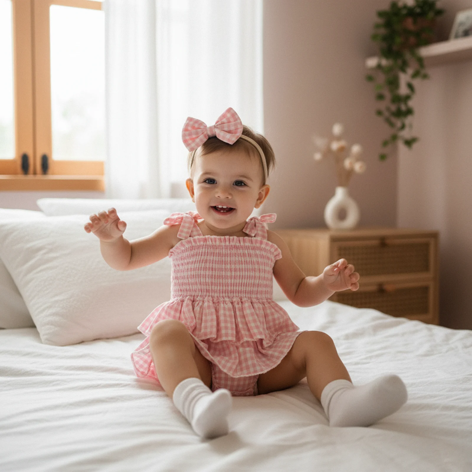 Baby Girls 2 Piece Outfits Sleeveless Square Neck Plaid Ruffled Layers Romper Dress with Bow Headband