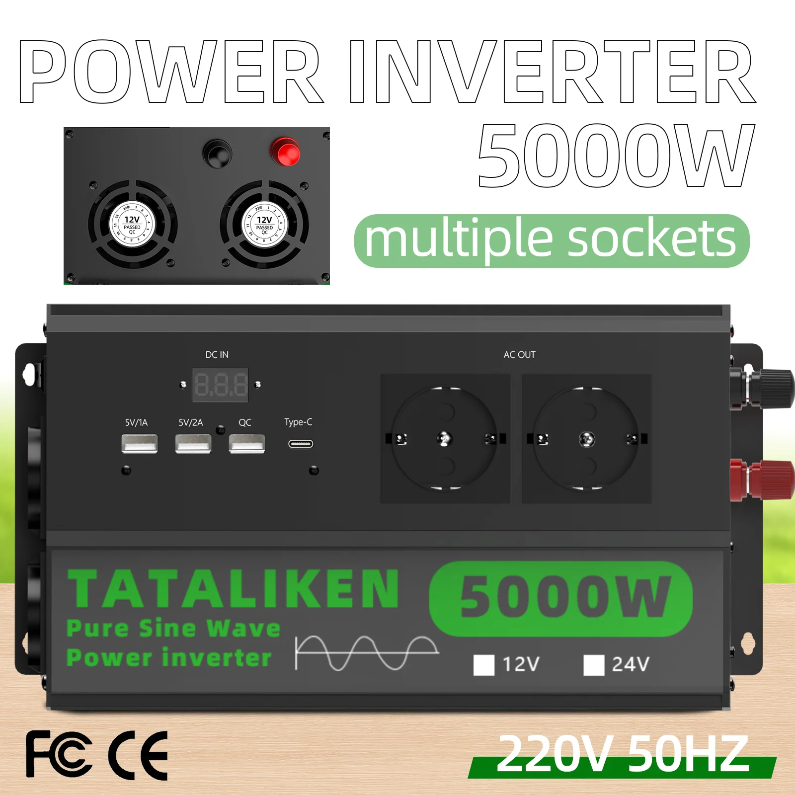 5000 W/4000 W reiner Wellenwechselrichter, fahrzeugmontierter Solarwechselrichter, 12 V DC auf 220 V AC-Konvertierung, tragbar mit 4 USB-Spannungswandlern