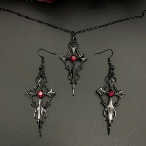 Collar de vampiro con cruz puntiaguda negra, pendientes de cruz gótica, collar llamativo, regalo gótico con colgante de cruz,