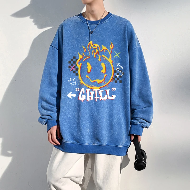 

Funny Smile Graffiti Printing Distressed Cotton Hoodies Men'S Warm Crewneck Washed Retro Hoody Autumn Simple Versatile Pullover