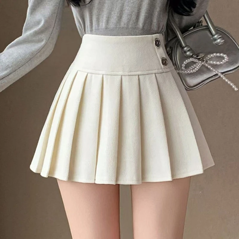 High Waist Woolen Mini Skirt Women's Autumn Winter Korean Slimming Preppy Style Sweet A-line Pleated Short Black Micro Skirt