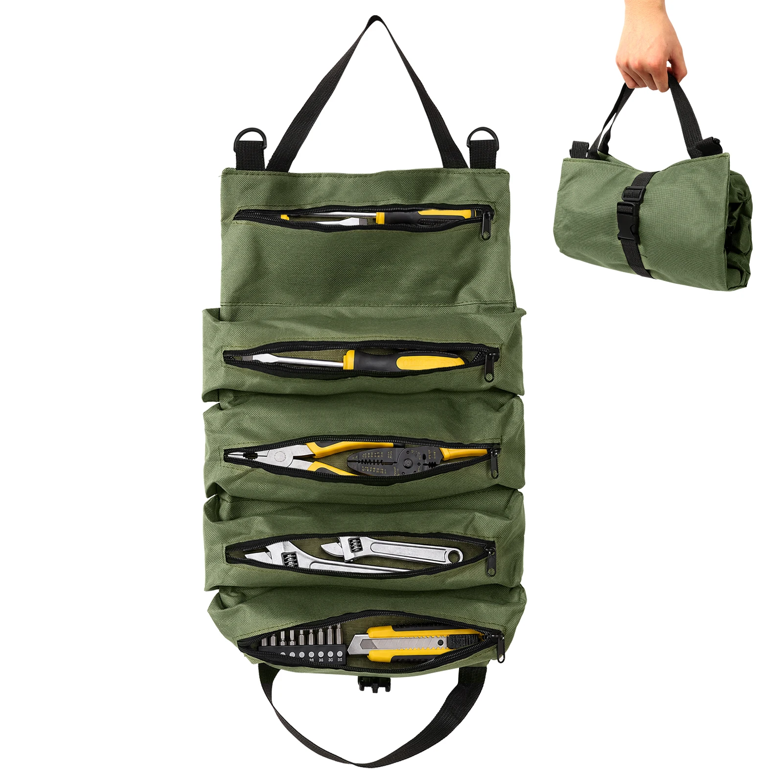 1Pc Tool Roll Bag 600D Oxford Fabric Multi-Tool Organizer 12 Kg Load Roll Up Tool Storage Bag 5Pcs Zipper Pockets Tools Rolls