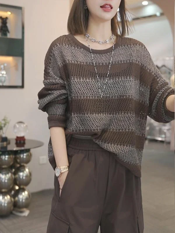 

Women's Long Sve Striped Hollow Knitwear Loose Thin Autumn Sweater Coffee Color Korean Sle Lazy Sle Top Faion Trend