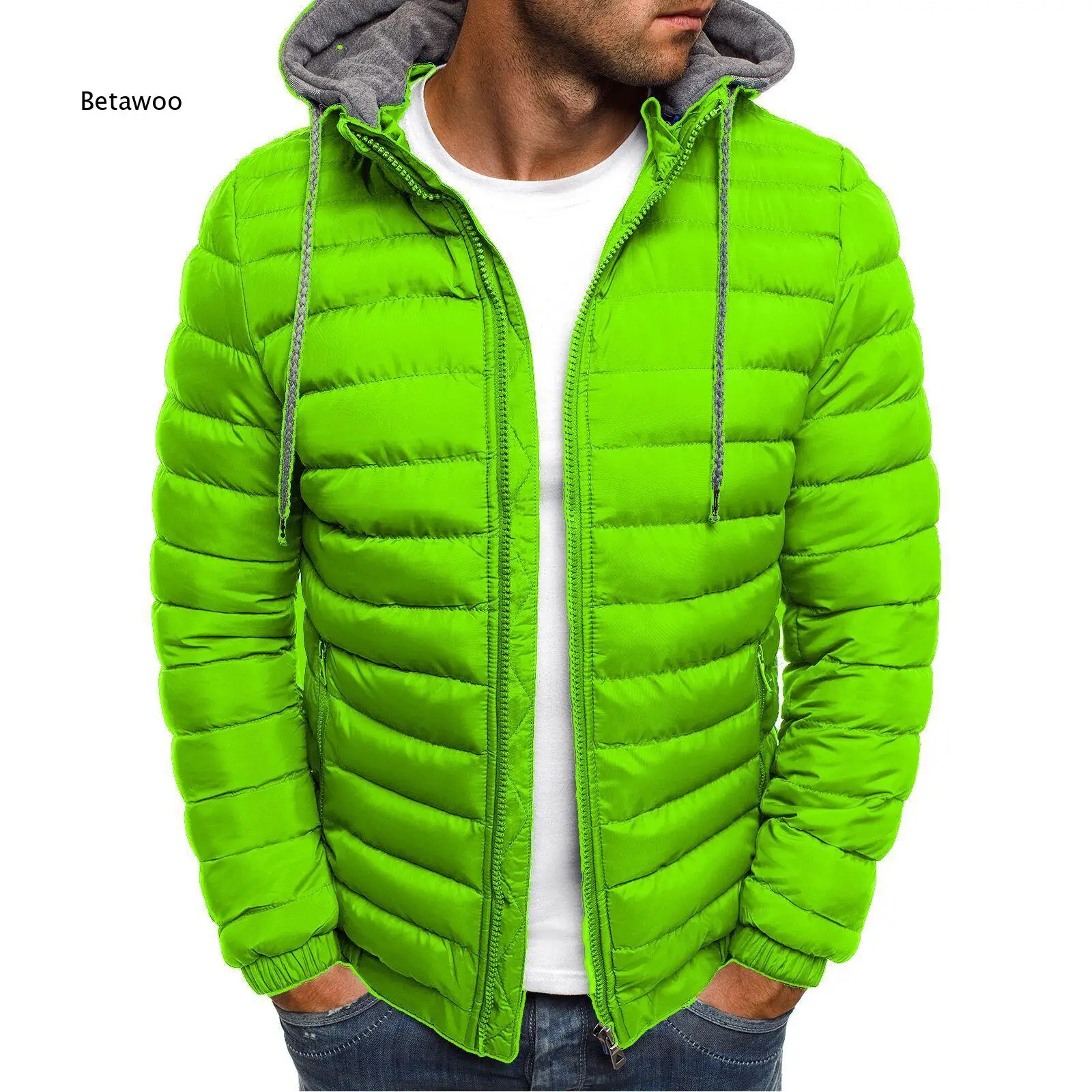 Light Padded Quilted Jacket for Men Detachable Drawstring Hood Zipper Front Casual Outer Garment for Daily Outdoor Use