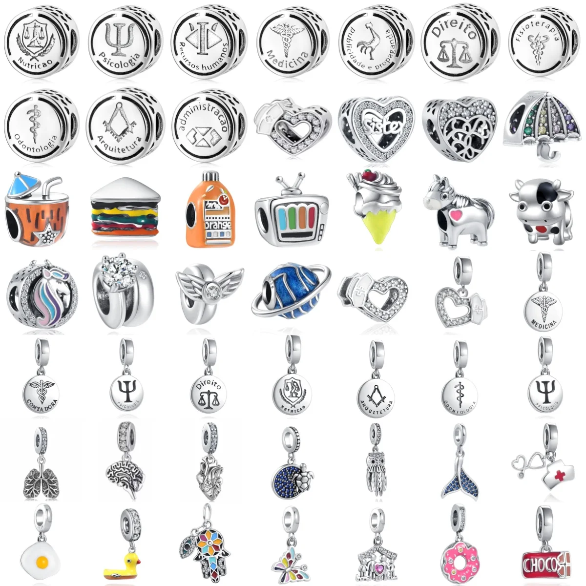 New 925 Silver Heart, Brain, Doctor Stethoscope Beads Pendant Beads, Suitable for Original Bracelet DIY Jewelry Accessories