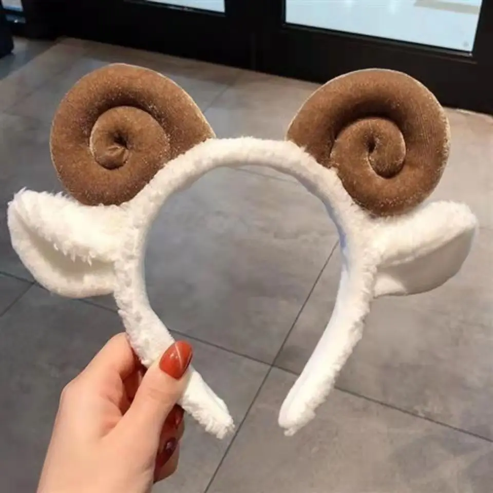 Cute Sheep Horn Lamb Ear Soft Fleece Women Headband Makeup Head Band Hair Band for Wash Face Shower Hair Accessories