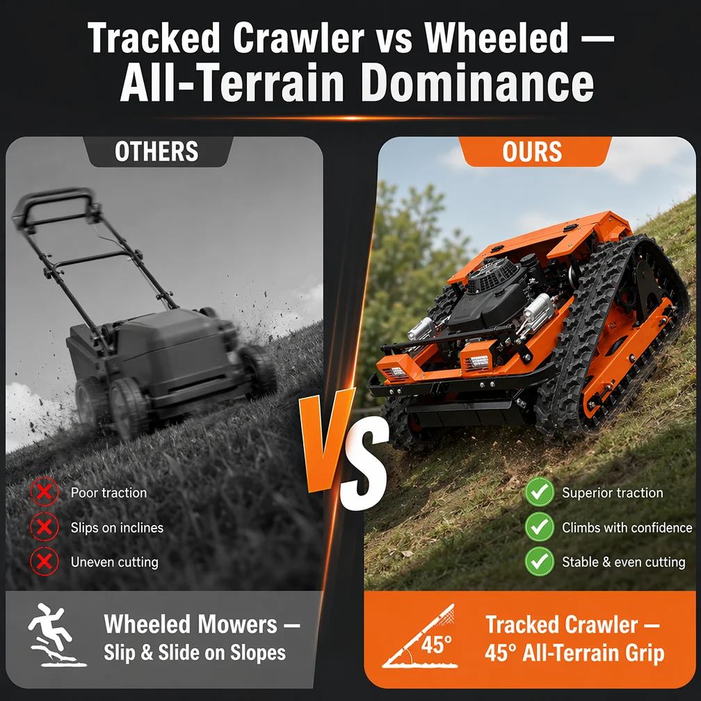 16hp Industrial Remote Control Lawn Mower 224cc 4-Stroke Crawler Mower with 300L Grass Box