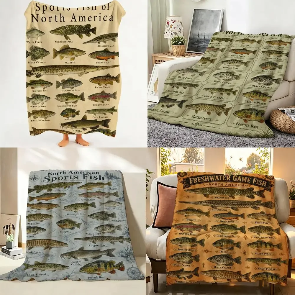 Dynamic Sporty Fish Print Throw Flannel Throw Blanket Suitable warm for Sofa、Living Room、Bedroom soft