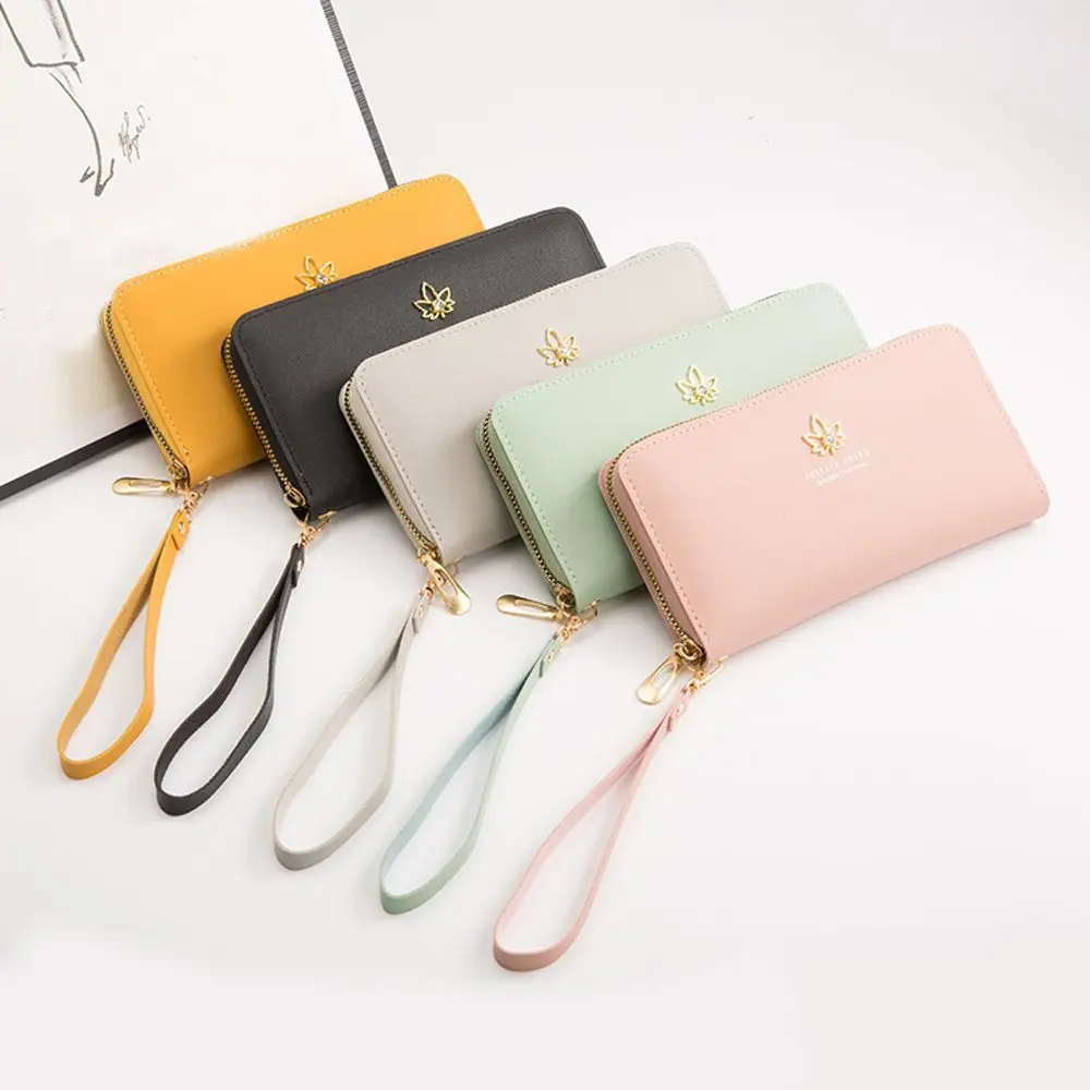 Cartera de cuero PU con patrón de margaritas y cremallera para mujer, monedero de Color sólido, monedero de hoja, moda Simple, estilo coreano