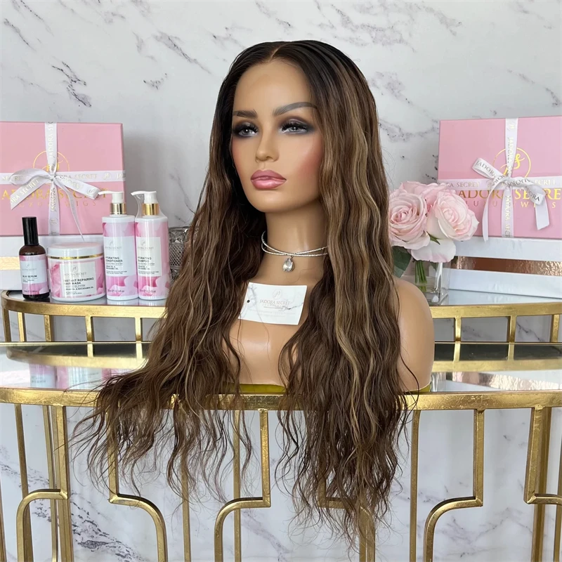 13X4 قاعدة بني داكن مع الكراميل والشقراء تسليط الضوء على مزيج الاصطناعية الملونة خصلات الشعر المستعار الإنسان 30 بوصة شعر مستعار طويل موجة شعر مستعار المرأة #4