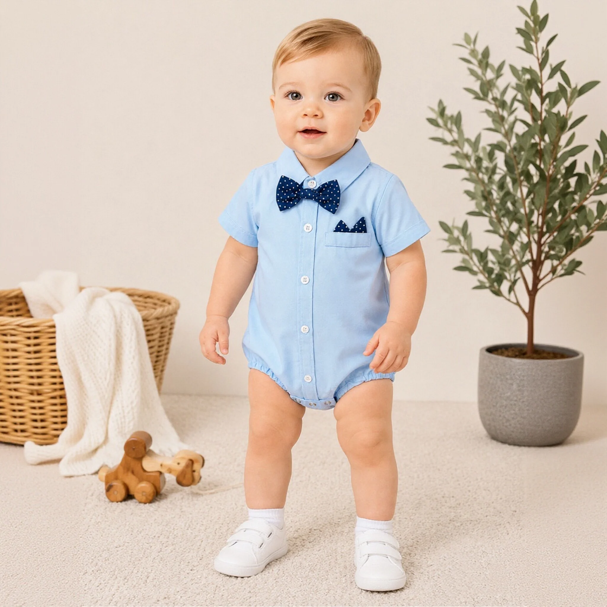 Newborn Baby Boy Formal Romper with Bow Tie Short Sleeve Collar Bodysuit Gentleman Outfit for Wedding Party Birthday 0-24 Months