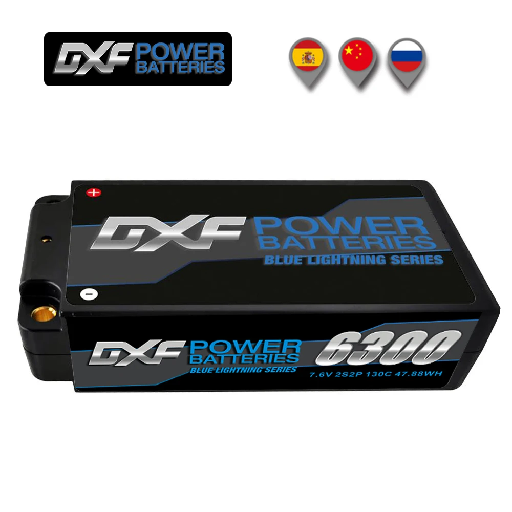 

DXF 2S Shorty Lipo Battery 7.6V 6300mAh 130C HardCase with 4mm 5mm Graphene Bullet for RC 1/10 Scale Vehicle Car Truck Buggy