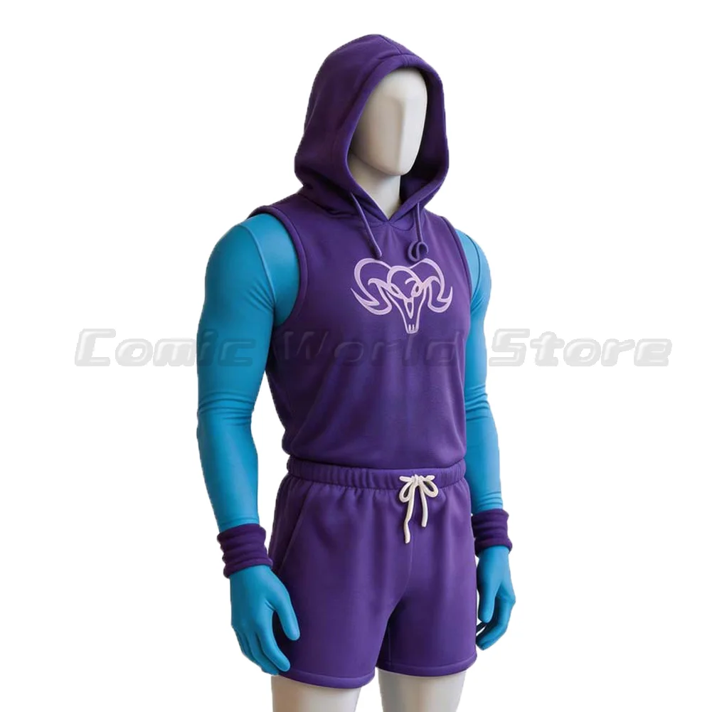 He Man Gym Bro Skeletor Cosplay Costume Men Workout Purple Sleeveless Hoodie Shorts Full Set For Halloween Comic Con Dress Up - view 4