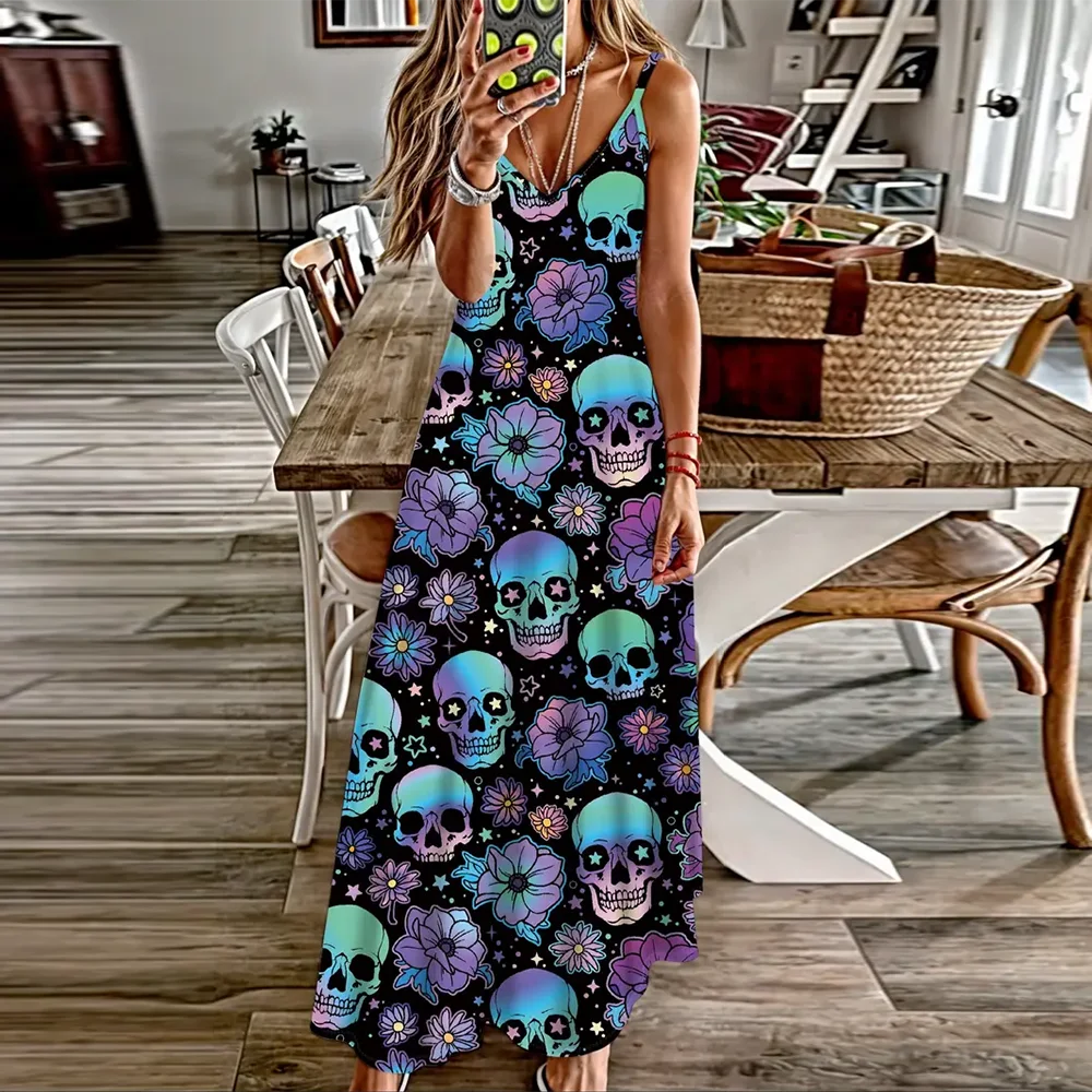 

Women's Sleeveless Vest Long Dress New Dress Fashionable 3D Colorful Skull Print Spaghetti Strap Long Skirt Suspender Long Skirt