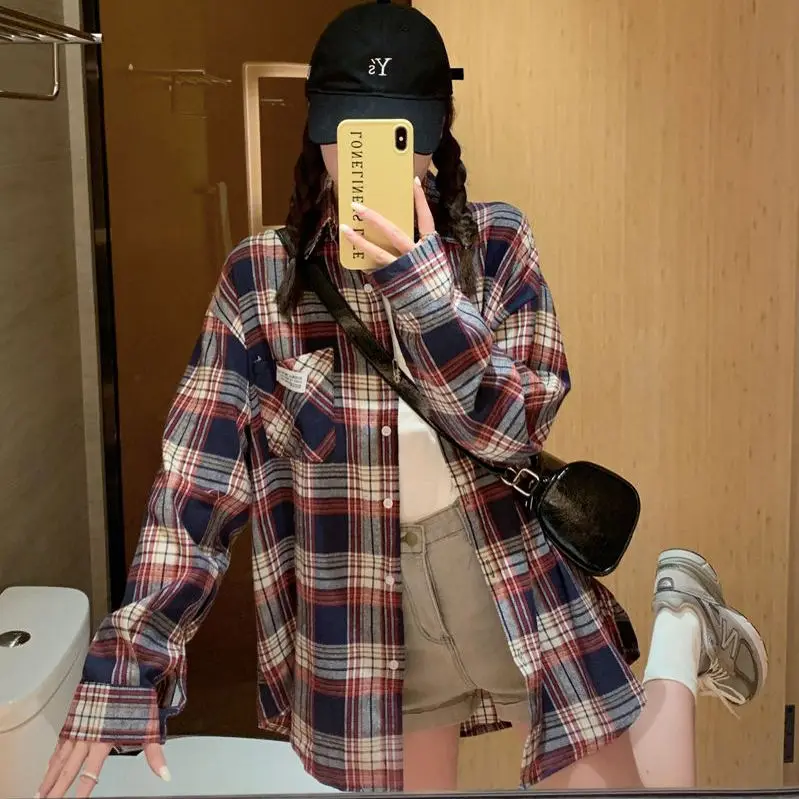 

American Retro Lazy Plaid Shirt Women's Long Sleeve Loose Casual College Style Jacket Top Casual Wind Resistant Outerwear