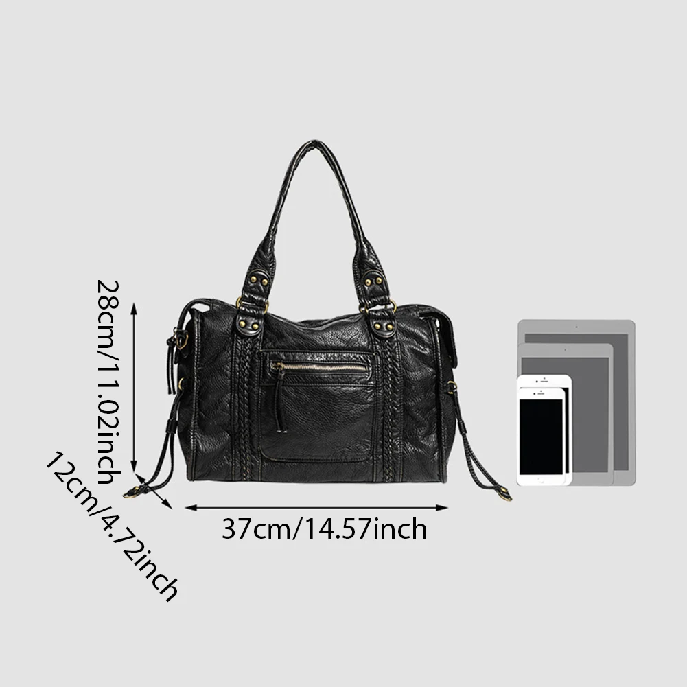 Washed Soft Leather Women One Shoulder Crossbody Bag, French style Retro Motorcycle Bags with Pockets Hobo Bags Utility Handbags