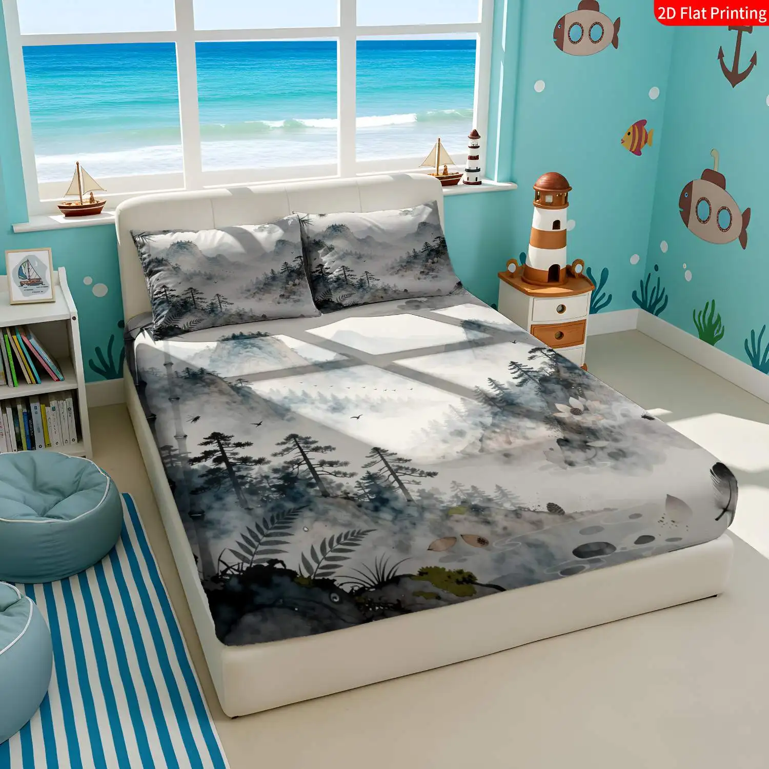 3-piece set of Chinese ink painting landscape and natural scenery printed mattress protector. Three-piece bedding set (includes 1 fitted sheet + 2 pillowcases). 3-piece set, large-capacity deep pocket 2D printed fitted sheet and 2 pillowcases. Bedding mattress protector, fitted elastic style. Suitable for all seasons, machine washable design. Holiday decoration. Available in various sizes. Breathable protector with pillowcase