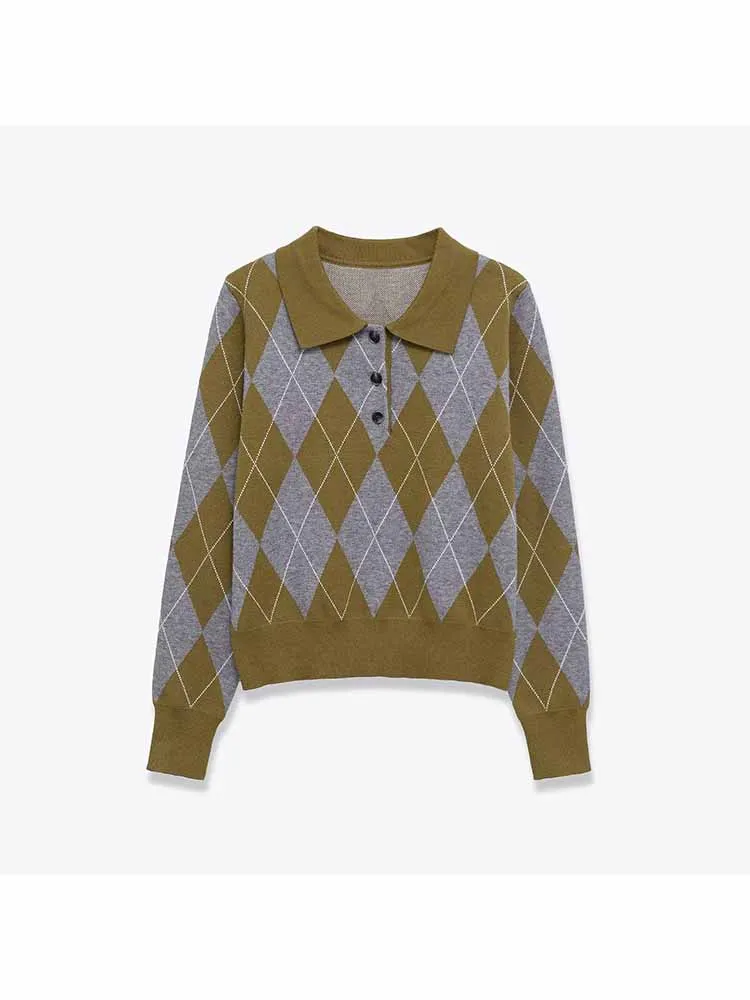 

Новый модный повседневный простой универсальный воротник-поло в европейском и американском стиле с длинными рукавами и ромбовидным вязаным топом