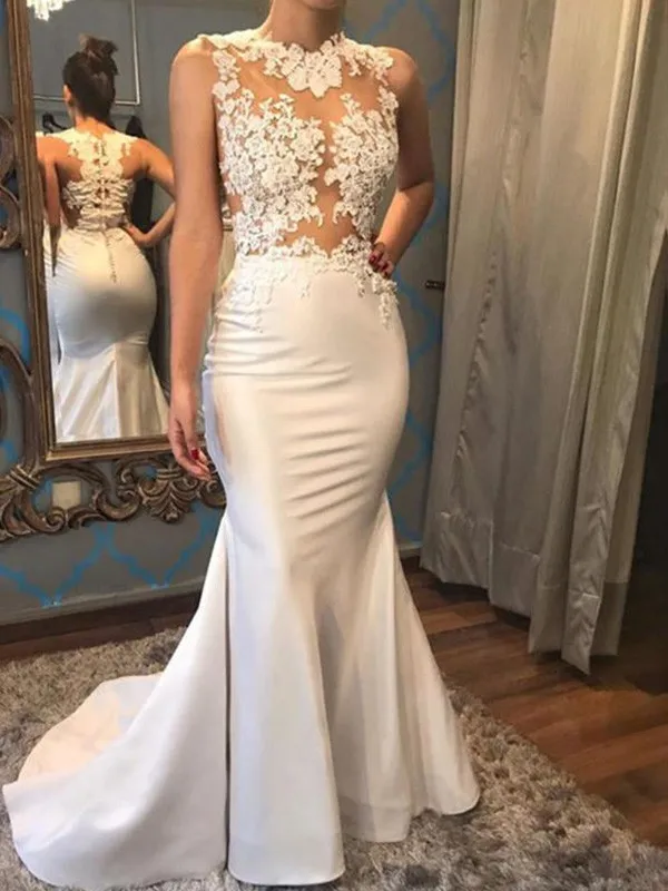 

ANGELSBRIDEP Best Selling Wedding Dresses Mermaid Sleeveless Scoop Court Train Applique Satin Bridal Gowns vestido noiva sereia