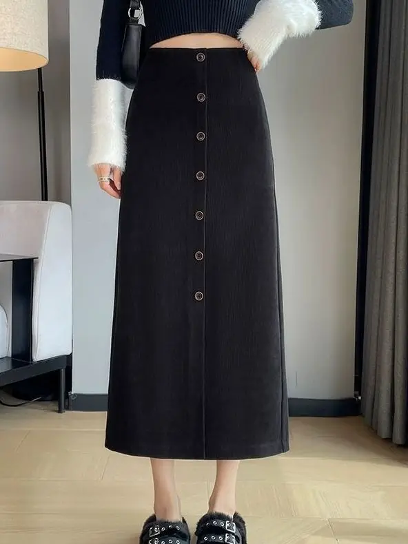 

Corduroy High Waist A-Line Skirt Women's Autumn Winter New Sle Ele Personali Long Sve round Ne Midi Skirt