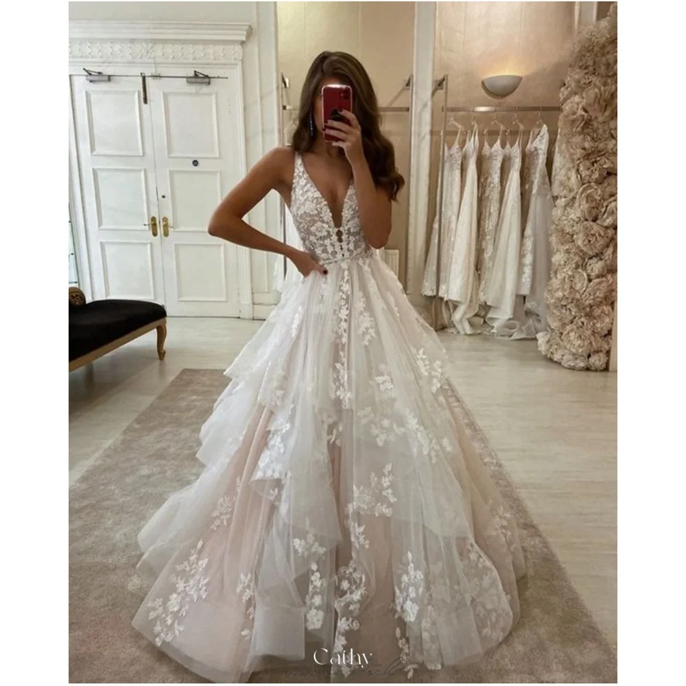 

Cathy Luxury Elegant فساتين سهرة Sleeveless Tulle V Neck Vestidos De Noiva Spaghetti Strap Lace Appliquesrobe de mariée 2024