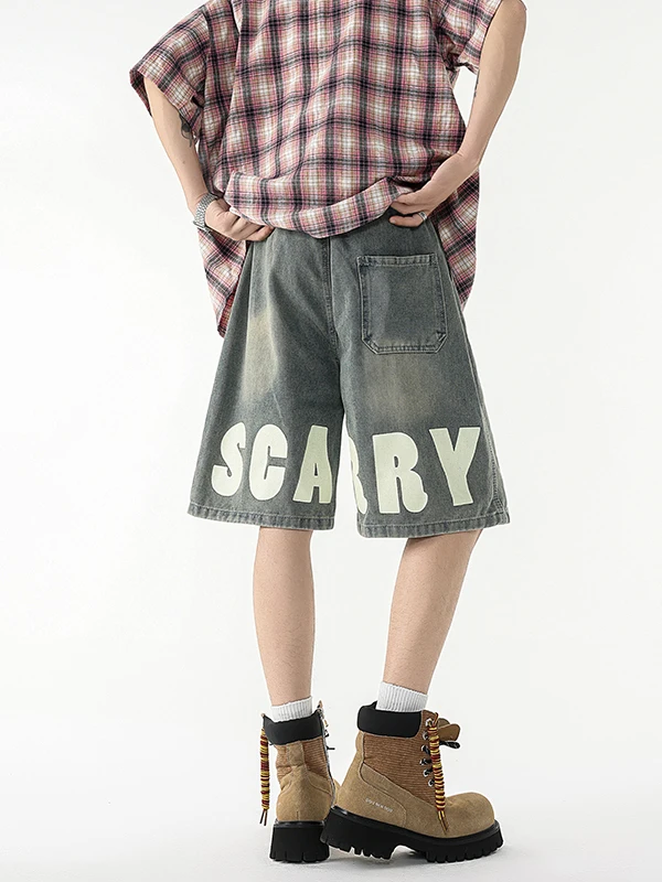 

Мужские летние джинсовые шорты с американским принтом, винтажные, модные, брендовые, с эластичным поясом, прямые, длиной до середины икры