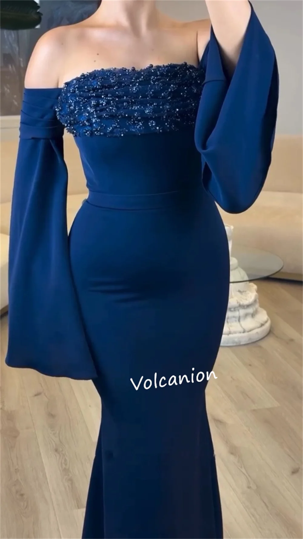 ที่กําหนดเองเจอร์ซีย์ประดับด้วยลูกปัด Mermaid Off-the-ไหล่ชุดยาว Bespoke โอกาสชุดราตรี Elegant Simple คุณภาพสูง