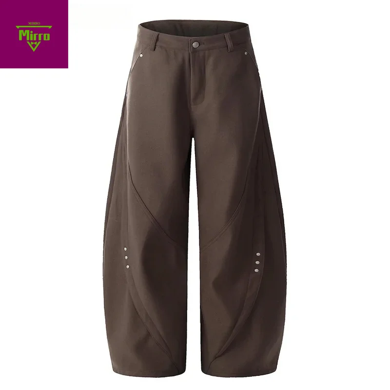 

【Mirrordust】Сплошные цветные повседневные мужские брюки с заклепками в стиле ретро, свободные широкие брюки с карманами в стиле ретро для мужчин