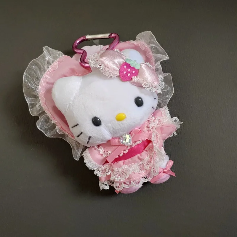 Sanrio hello kitty morango rosa preto renda lolita empregada roupa arco coração forma fivela chaveiro mochila zíper acessório presente