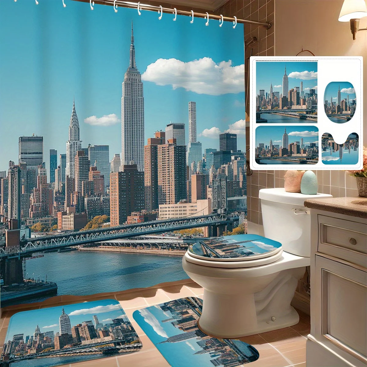 

Набор из 4 занавесок для душа, яркий дизайн City Skyline, современный декор для ванной комнаты, в комплект входит 12 крючков, нескользящий коврик для ванной, U-образная форма