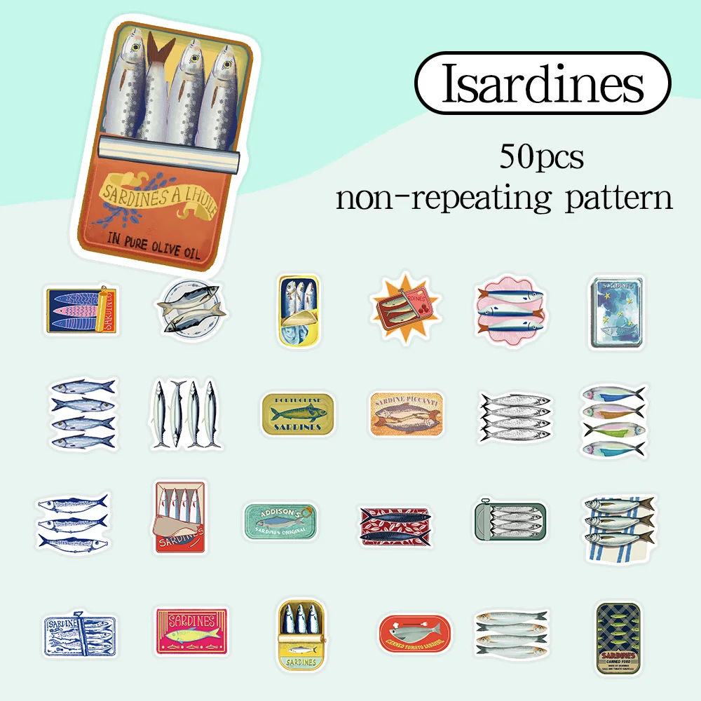Juego de 50 pegatinas de sardinas para decorar maletas, patinetas, portátiles y fundas de teléfono (pegatinas DIY)