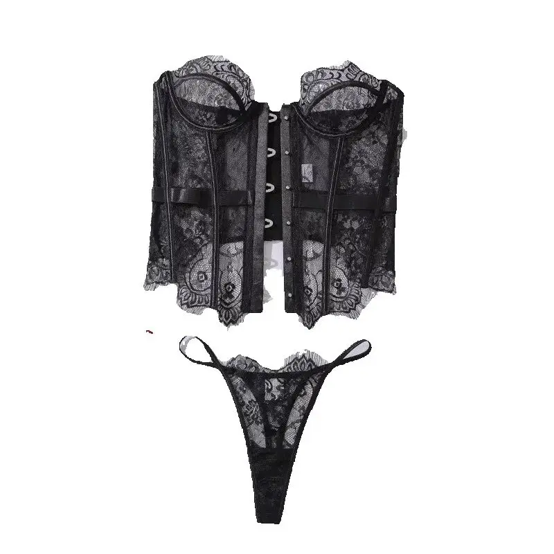 

Women's Sexy Lingerie Bra Set Eyelash Lace Perspective Low Cut Fishbone Body Shaping Slimming Corset Sexy Underwear 2 Pieces Set