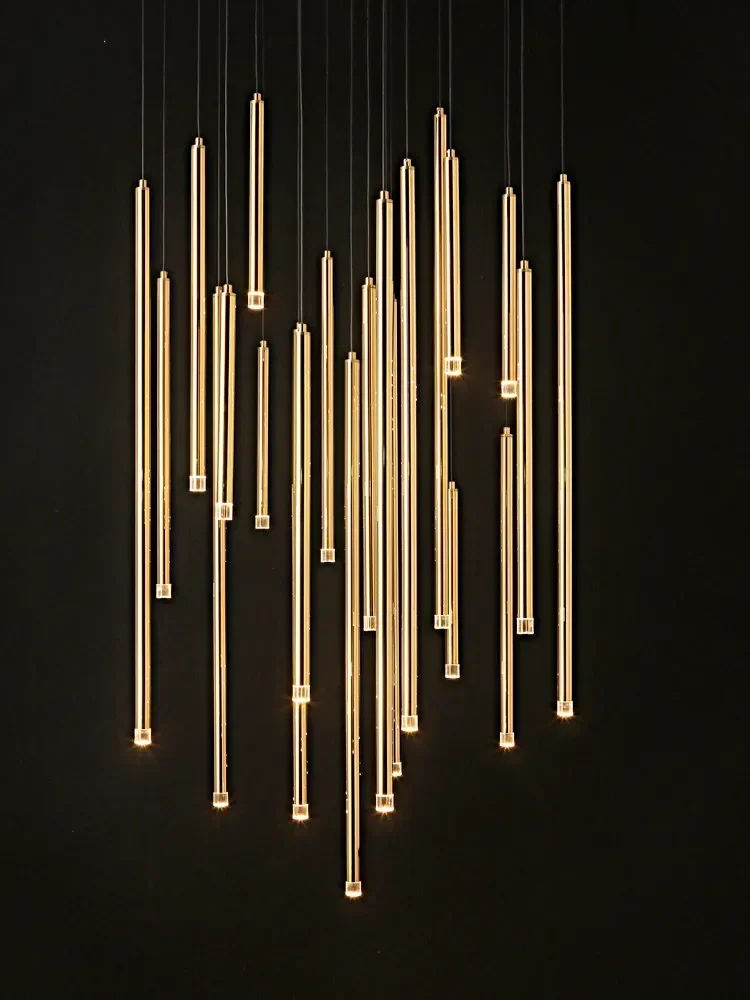 

Modern Golden Tube LED Chandelier Double Loft Hanging Lamp Staircases in Luxury Villas Hotels Elegant Interior Lighting Fixture