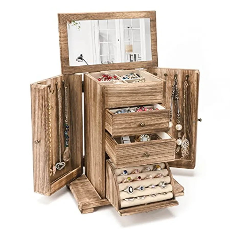 Jewelry Box for Women Rustic Wooden Jewelry Boxes and Organizers with Mirror 4 Layer Jewelry Organizer Box Display for Rings Ea