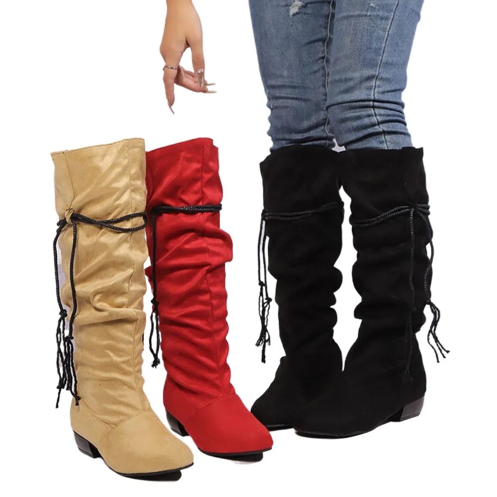 Knee High Boots Women Low Heel Tassel Sexy Fashion Round Toe Pleated Pile Retro Cowboy Knight Boots Big Size 45 46 47 6-4