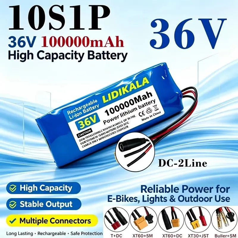 Batteria agli ioni di litio LIDIKALA ad alta capacità, 36V 100Ah 10S1P 18650, con sistema di gestione della batteria (BMS) integrato, potenza 250W-1000W, ricaricabile, per biciclette elettriche, con