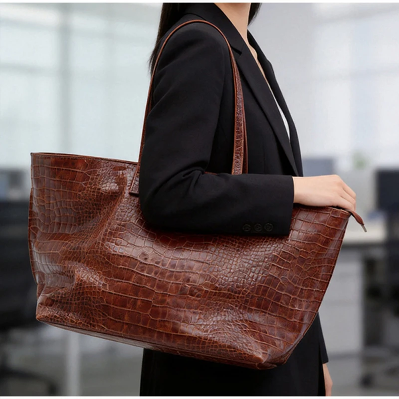 Vintage Crocodile Pattern Handbag Large Capacity Faux Leather Shoulder Bag Fashion Casual Shoulder Work Commute Shopping Purse